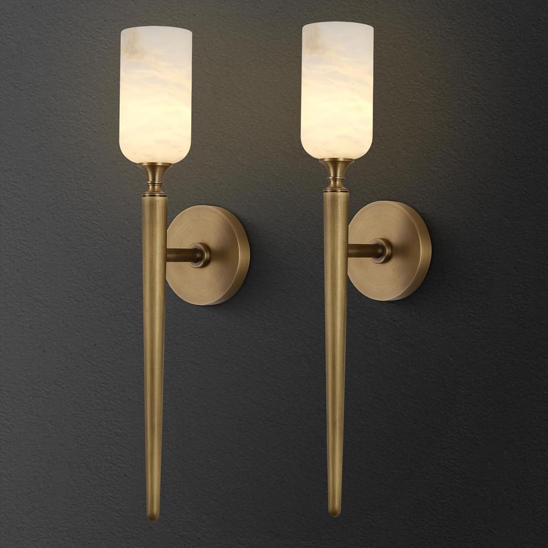 Alabaster Wall Sconces Set of Two, 22in Modern Spanish Natural Marble Bathroom Vanity Sconces, Brass Alabaster Sconce Wall Lighting, Gold Wall Light Fixtures Decor for Bedroom Living Room Staircases