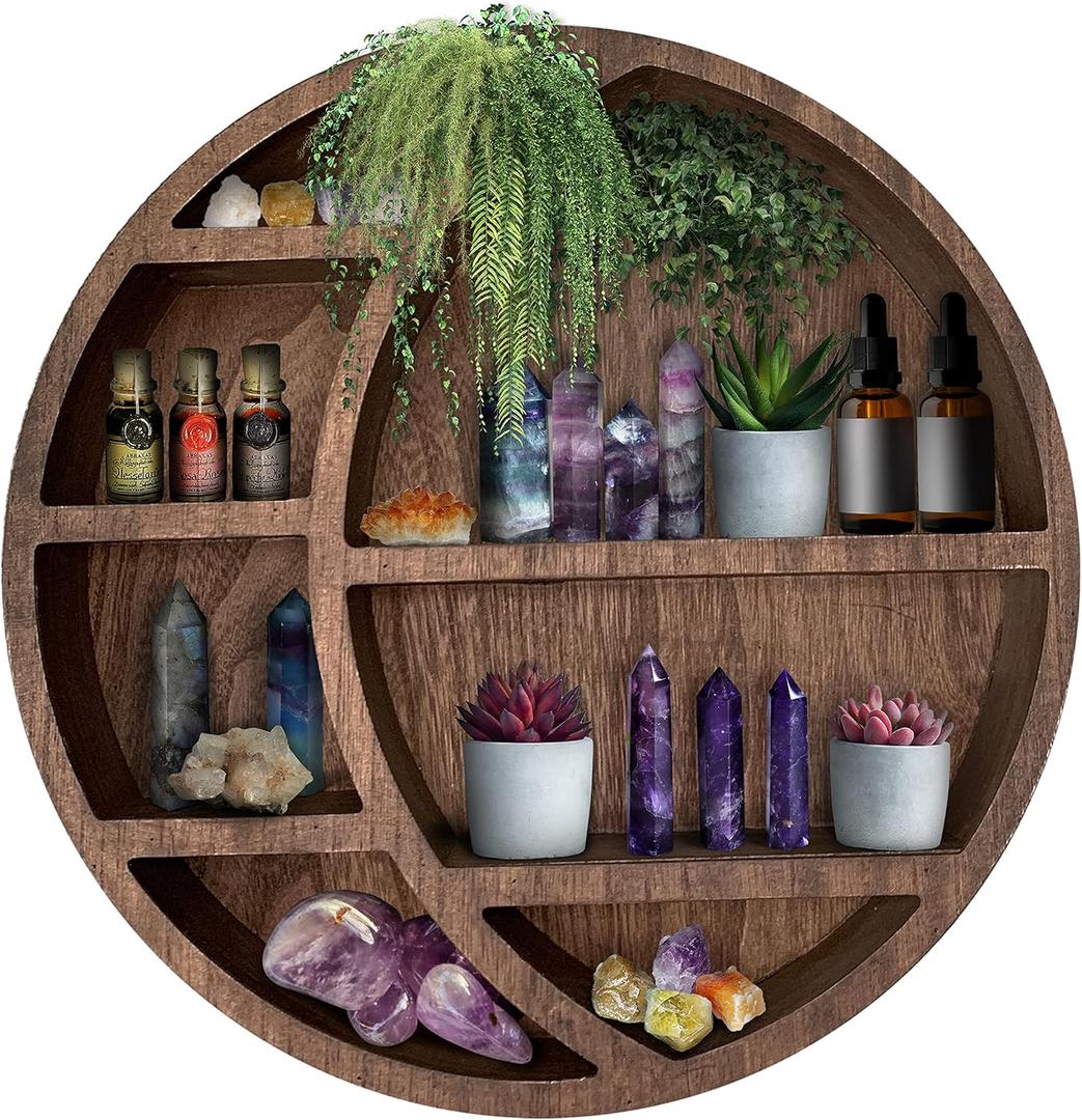 Wooden Crescent Moon Shelf Wall Decor - Decorative Boho Home Hanging Display Shelf for Bedroom, Dorm, Nursery - Easy Mount Storage for Crystals and Essential Oils - 14 x 14 x 3.5 (Brown)
