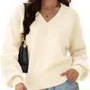 ZAFUL Womens 2025 Cropped Sweaters Fall Chunky Long Sleeve V Neck Clothes Cozy Casual Outfits Winter Trendy (White)