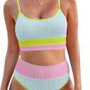 Herseas Women 2 Piece Bikini Set High Waisted Color Block Swimsuit 2025 Summer Beach Scrunch Ribbed Bathing Suit (Green, XXL)