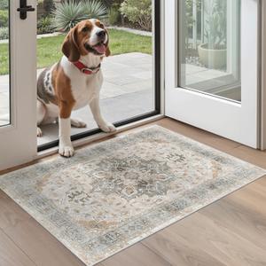 Madane Washable Area Rug 2x3, Small Entryway Rug Non-Slip Vintage Door Mat Indoor Entrance, Low Pile Floor Carpet for Inside Front Door Bedroom Kitchen Entry Laundry (Light Taupe Brown)