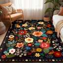 Floral 5x7 Area Rug Machine Washable Soft Print Boho Carpet Non Slip Doormat Low Pile Flower Area Rugs for Living Room Bedroom Nursery Kitchen Dining Room Indoor-Black
