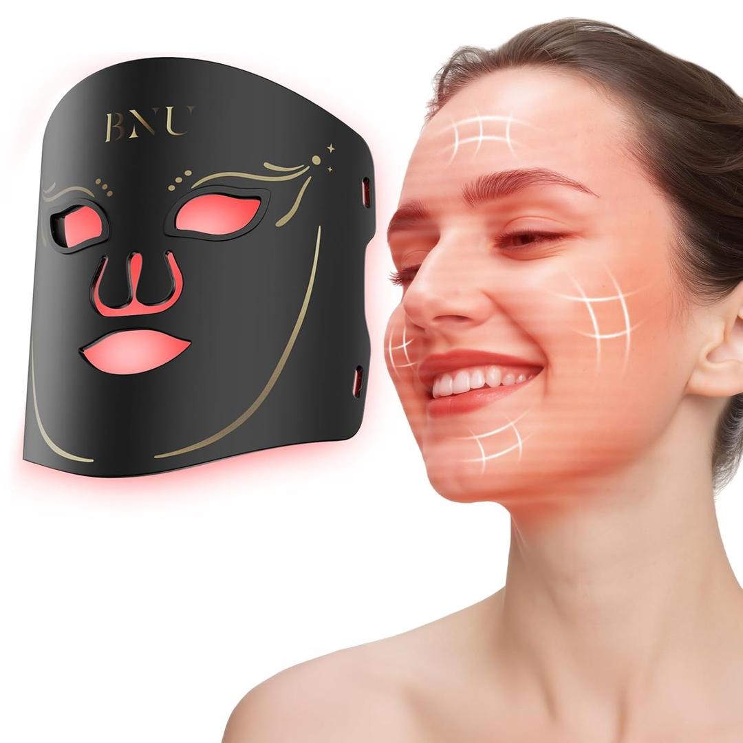 BNU Red Light Therapy for Face, 7 Modes Light Therapy Portable Led Face Mask with 105 LED Beads, 1500mAh Remote Control, Timing Function, 850NM Infrared Red Light Therapy at Home (Black Golden)