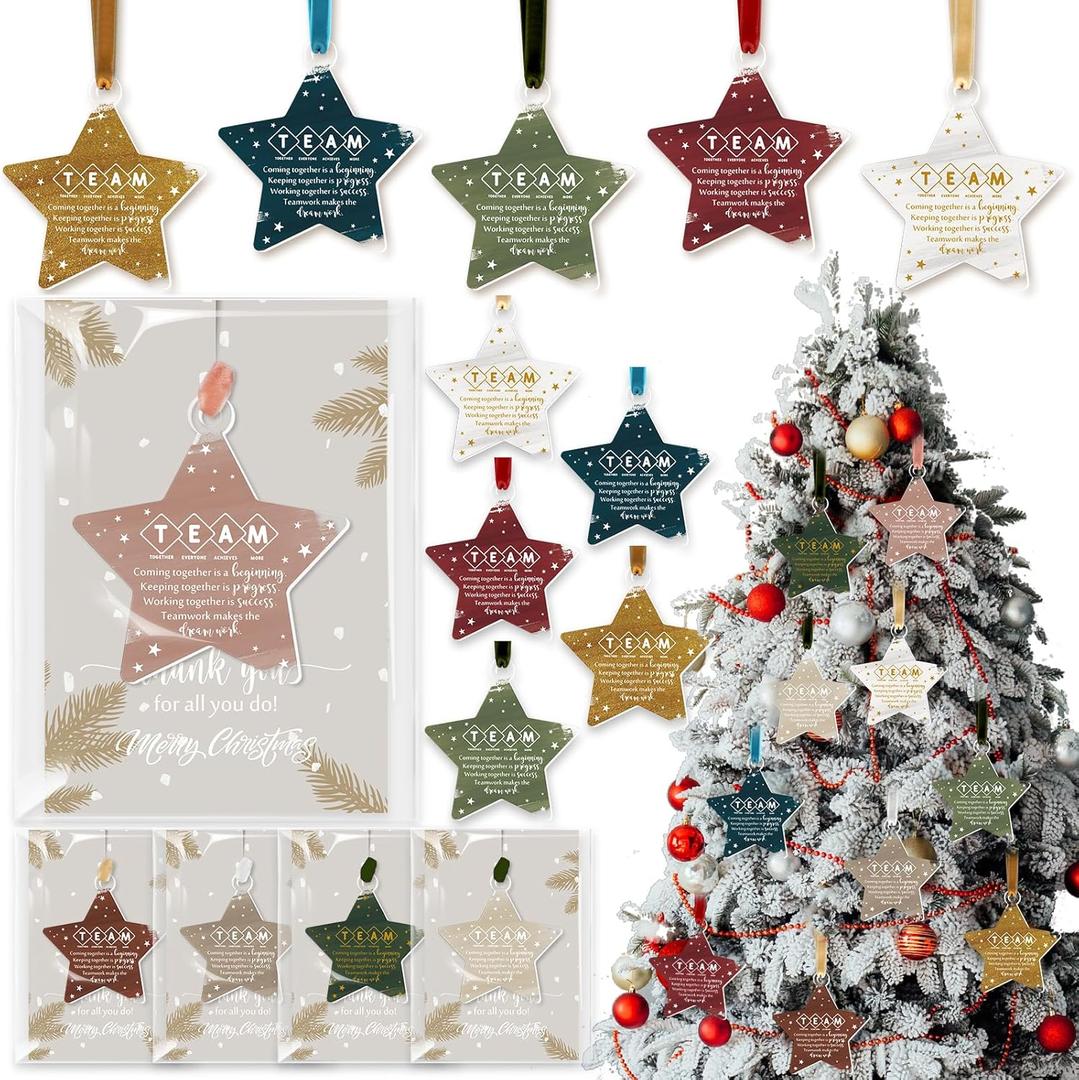 Kasyat 20 Sets Team Christmas Ornaments Bulk Acrylic Hanging Ornament Employee Appreciation Gifts with Ribbon and Card Thank You Gift for Coworker Teacher Nurse Office Group Xmas Tree Decor (Star)
