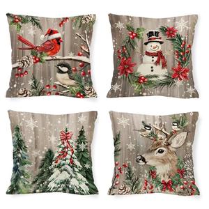 Tikeciti Christmas Woodgrain Snowman Pillow Covers Xmas Red Cardinal 18 x 18 Inch Throw Pillows, Winter Snowflake Seasonal Trees Deer Decorative Farmhouse Cushion Case for Sofa Couch Set of 4