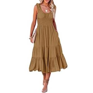 AlvaQ Dress for Women 2024 Summer Casual Loose Crewneck Solid Color Long Dresses Aline Sundress Fashion 2024 Light Brown Large