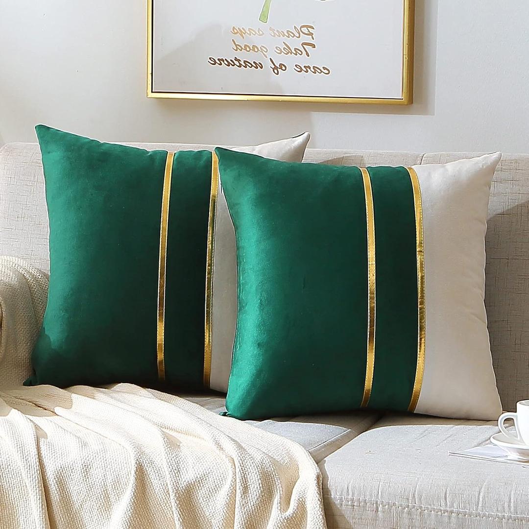 WACOMECO Velvet Throw Pillow Covers - Pack of 2 Soft Decorative Cushion Covers Cases with Gold Leather for Sofa Bedroom Livingroom Car, 16 x 16 in, Dark Green and White