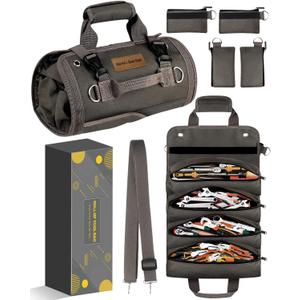 Tool Bag Roll Up Organizer: Gifts for Dad Christmas Birthday Present Stocking Stuffers Fathers Day Idea Mechanic Electrician Gifts for Men Plumber Handyman Gardening Motorcycle Car Truck Accessories (Grey_with "World's Best Dad" patch)