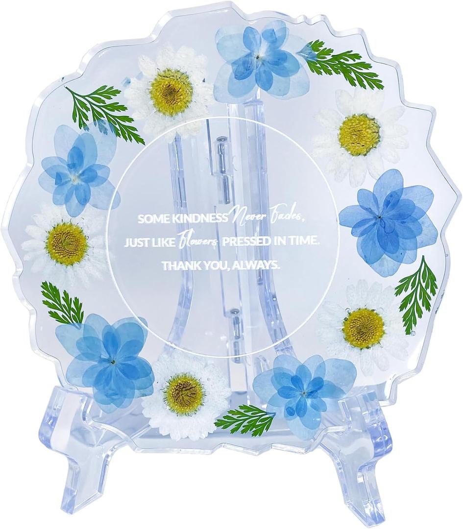 Thank You Gift Resin Floral Keepsake Plate Decor with Pressed Real Flowers (Blue & White) Teacher, Employee & Nurse Appreciation Keepsake