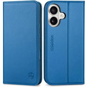 SHIELDON Wallet Case for iPhone 16 2024, Genuine Leather Folio Case with Kickstand, RFID Blocking Card Slots, Magnetic Shockproof Cover, Compatible with iPhone 16 5G 6.1" - Sapphire Blue