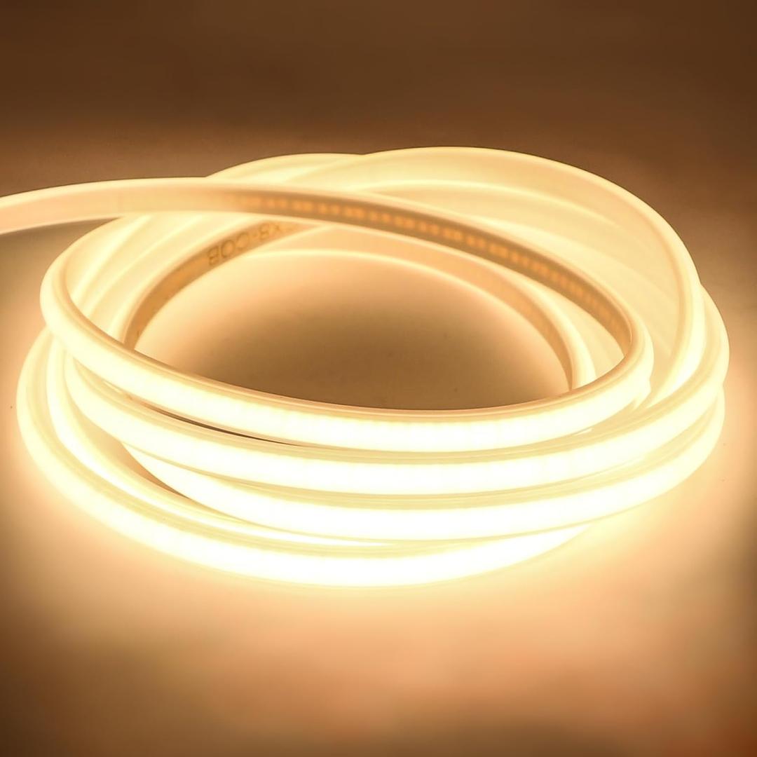 COB Led Strip Lights Waterproof IP67 6.56feet Cuttable LED Rope Lights AC 110V 120V Light Stip 320LEDs 3000K Warm White Super Bright with US Plug for Bedroom Ceiling Kitchen Under Cabinet Closet