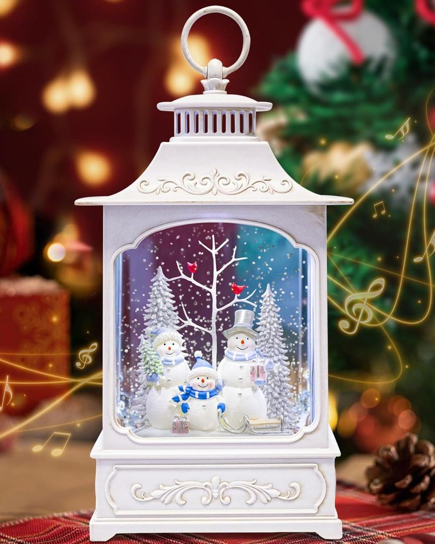 Large Christmas Snowman Snow Globe Light up Lantern with 8 Songs, 9.84" White Christmas Snow Globes for Kids Adults, 6H Timer & Dual Power, Snowglobes Christmas Decorations Indoor Silver Blue Snowman (Snowman Family 66)