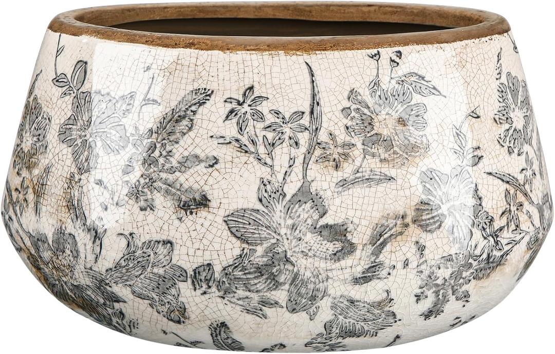 9.8 Inch Large Vintage Ceramic Planter Ice Crack Glaze Gray Floral Flower Pot with Drainage Holes Rustic Country Plant Pots Decorative Gifts for Home Kitchen Office Indoor Outdoor Plants
