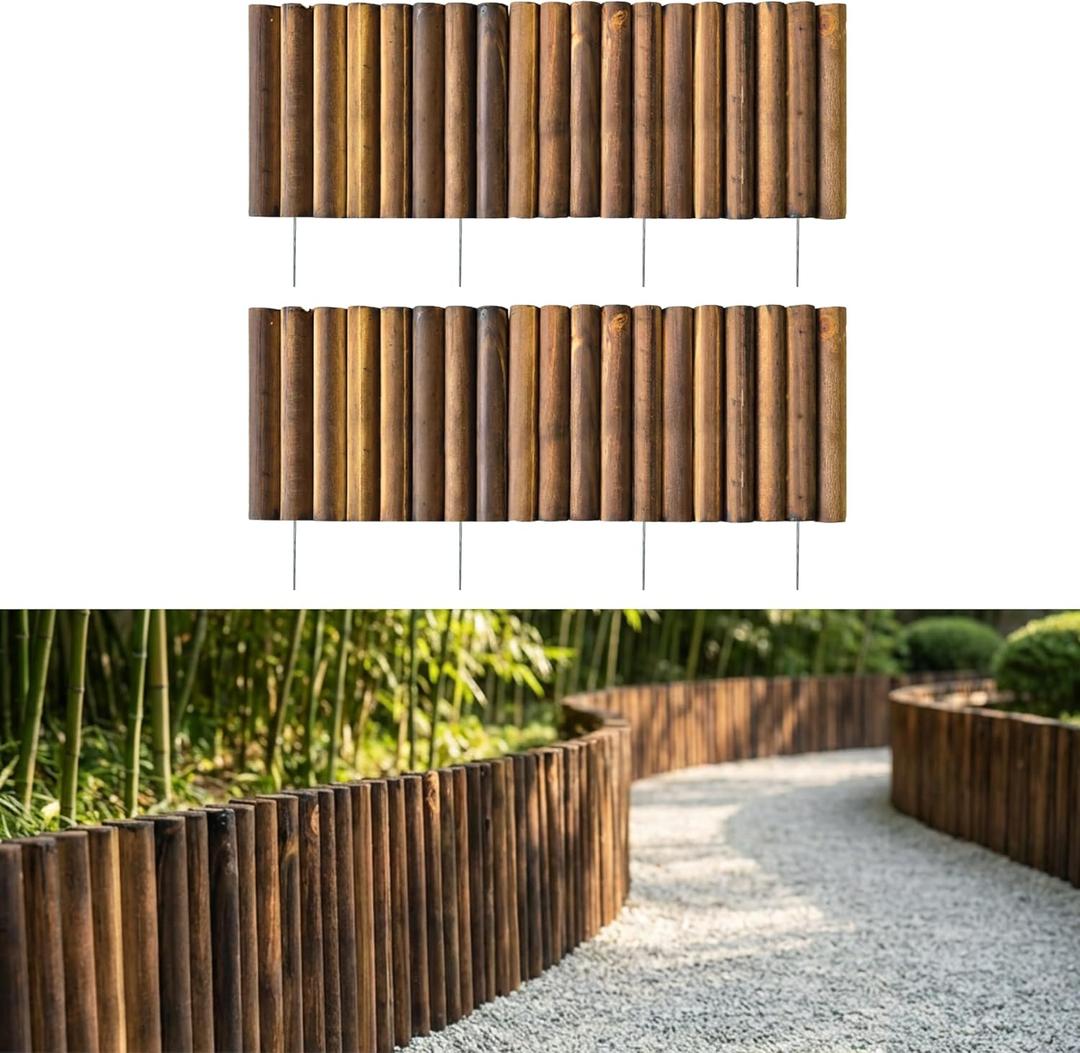 LaLaGreen Wooden Garden Edging Border (30" x 12", 2 Pack) Brown Wood Fence Panel with Metal Stakes, Decorative Flower Bed Landscape Fencing for Lawn Yard Dog Barriers Patio Pathways Outdoor Tree Decor