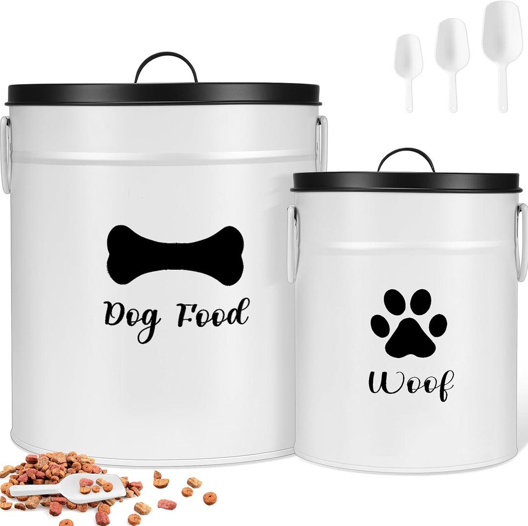 DoubleFill Extra Large 23+10 lbs Metal Dog Food Storage Containers Set of 2 Airtight Dog Treat Snack Jars with Lids and Spoon Farm House Style Big Pet Cookie Jar for Kitchen Counter Gift