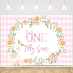 MEHOFOND One Silly Goose Backdrop Swee Little Goose Banner for Girl Birthday Party Decoration Wreath Pink Plaid Bow Tie Banner Cute Cartoon Birthday Party Supplies 7x5ft
