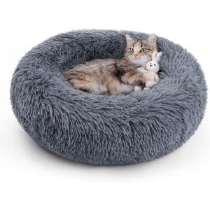 rabbitgoo Cat Beds for Indoor Cats, 20 inches Cat Bed Machine Washable, Fluffy Round Pet Bed Non-Slip, Calming Soft Plush Donut Cuddler Cushion Self Warming for Small Dogs Kittens, Dark Grey, Medium (20"L x 20"W x 4.7"Th)