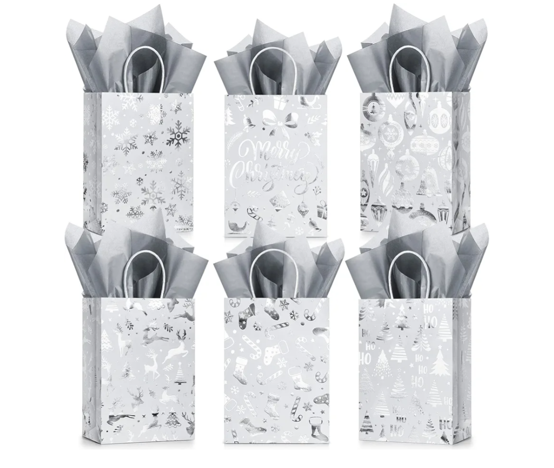 24 Pcs Bags with Tissue Paper, Merry Christmas Xmas Kraft Paper Goodie Bags with Handles - Bulk for Gift Wrapping, Holiday Party Supplies (Silver Snowflake, Small)