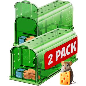 Motel Mouse Humane Mouse Traps No Kill Live Catch and Release 2 Pack - Reusable, Easy to Use & Clean, No Touch Release, Sensitive Includes Cleaning Brush, Instruction Manual & Video - Mousetrap Indoor (Regular Green)