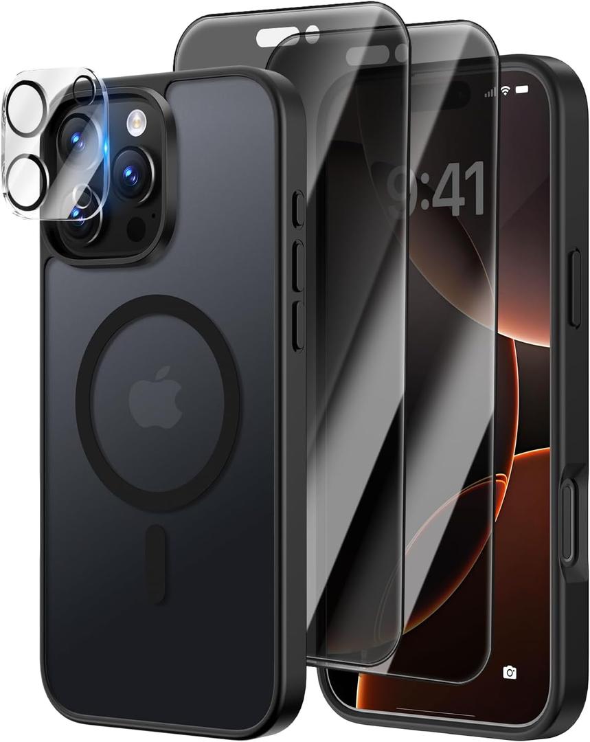 [4 in 1] Magnetic for iPhone 16 Pro Max Case, 2 Pics Privacy Screen Protectors and 1 Pic Camera Protector, Fit for MagSafe, Military Grade Shockproof Translucent Matte 16 Pro Max Cover 6.9", Black