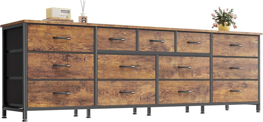 Huuger 70 Inch Dresser for Bedroom, TV Stand for 65, 75, 80 Inch TV, 13 Fabric Drawer Long Dresser, Large Entertainment Center for Bedroom, Wide Chest of Drawer with Storage, Rustic Brown