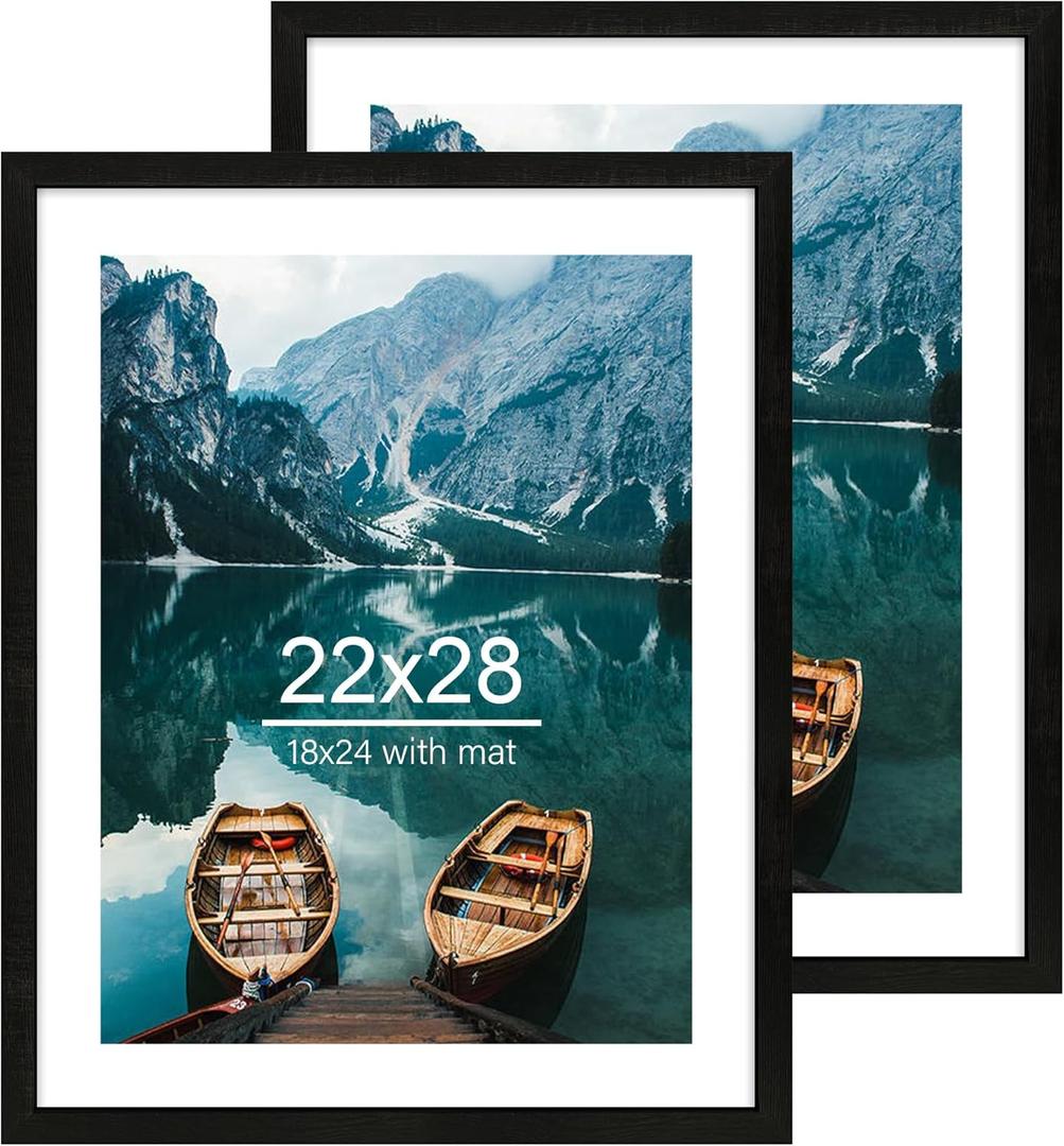 22x28 Frame Set of 2, Rustic Black Wood Style - Display 18x24 Picture Frame with Mat or 22 x 28 Poster Frame without Mat, Wall Mounting Horizontal and Vertical
