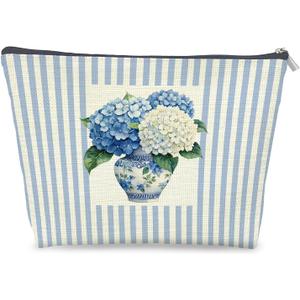 Chinoiserie Blue Hydrangea Floral Makeup Bag Gifts for Women, Grandmillennial Botanical Flower Cosmetic Bag, Blue and White Striped Zipper Makeup Pouch Travel Toiletry Bags