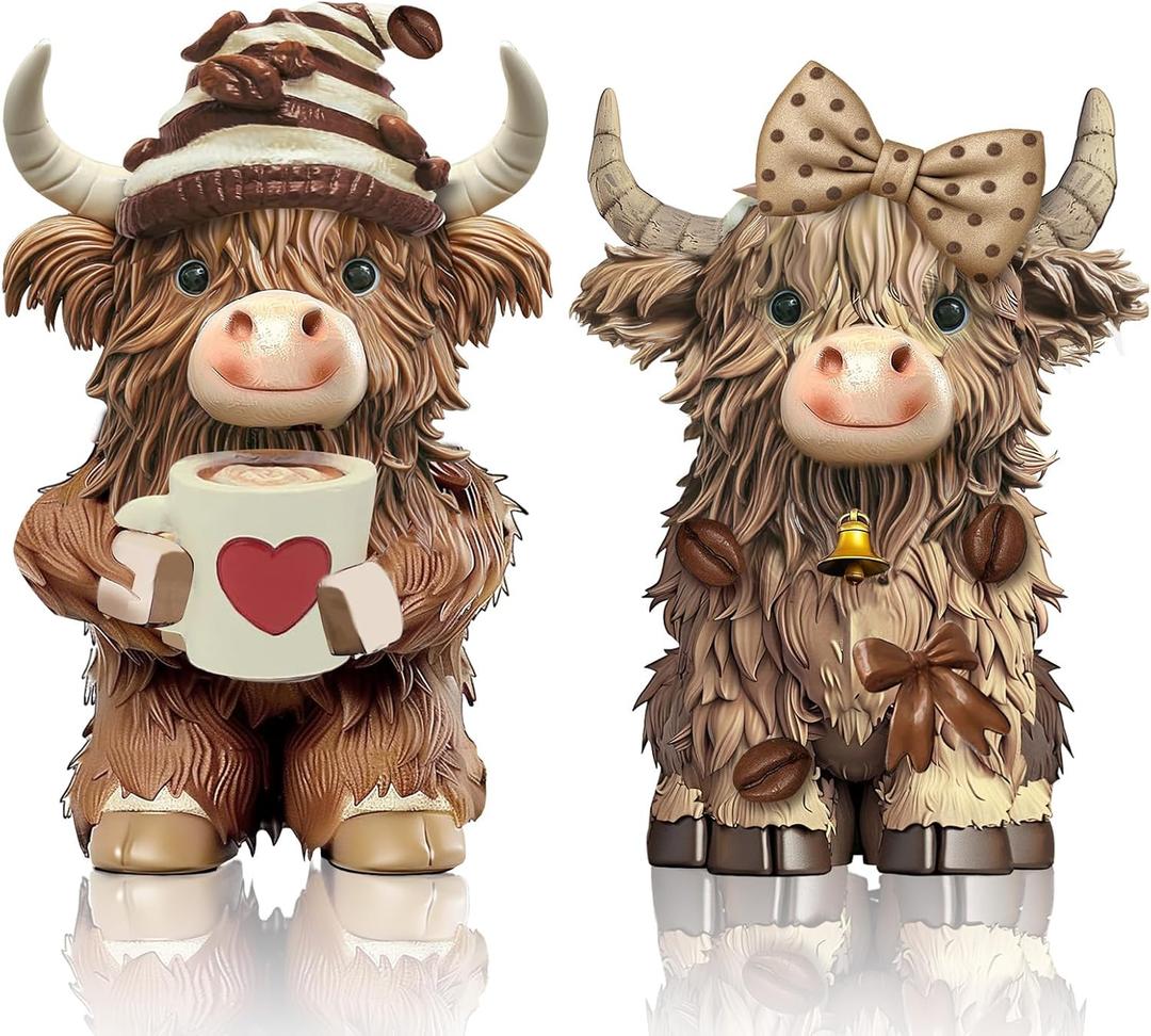 2 Pack Highland Cow Resin Figurine Decor Coffee Theme Highland Cow Gnomes Starfish Resin Statue for Garden Table Shelf Kitchen Home Coffee Bar Decor Calf Gnome Herd Gifts