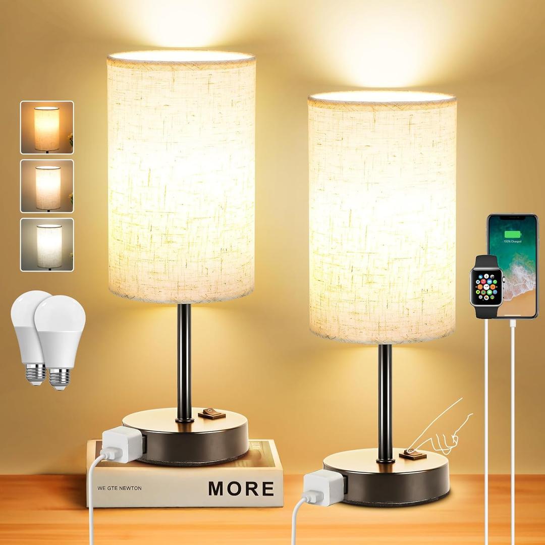 ZJOJO Table Lamp for Bedroom Set of 2, Bedside Small Lamps with 3 Way Dimmable Rocker Switch and AC Outlet, Nightstand Desk Lamp with Flaxen Fabric Shade Black Base for Living Room Home Decor Lights (14.5inch)