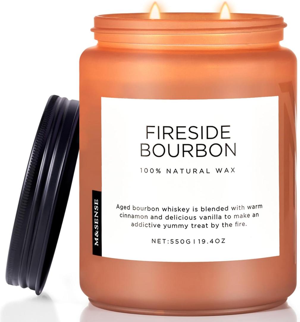 M&SENSE Fireside Bourbon Candles Strong Scented, Wick Jar Candle 19.4oz 110 Hour Long Lasting, Organic Natural Soy Wax Candle for Bedroom Kitchen Home Decor, Warm Housewarming Gifts for Men Women