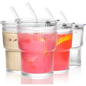 13oz Glass Tumbler with Lids and Straws Ribbed Drinking Glasses Cup Leak Proof Iced Coffee Glass Set of 4 for Soda Smoothie Juice(Clear*4)