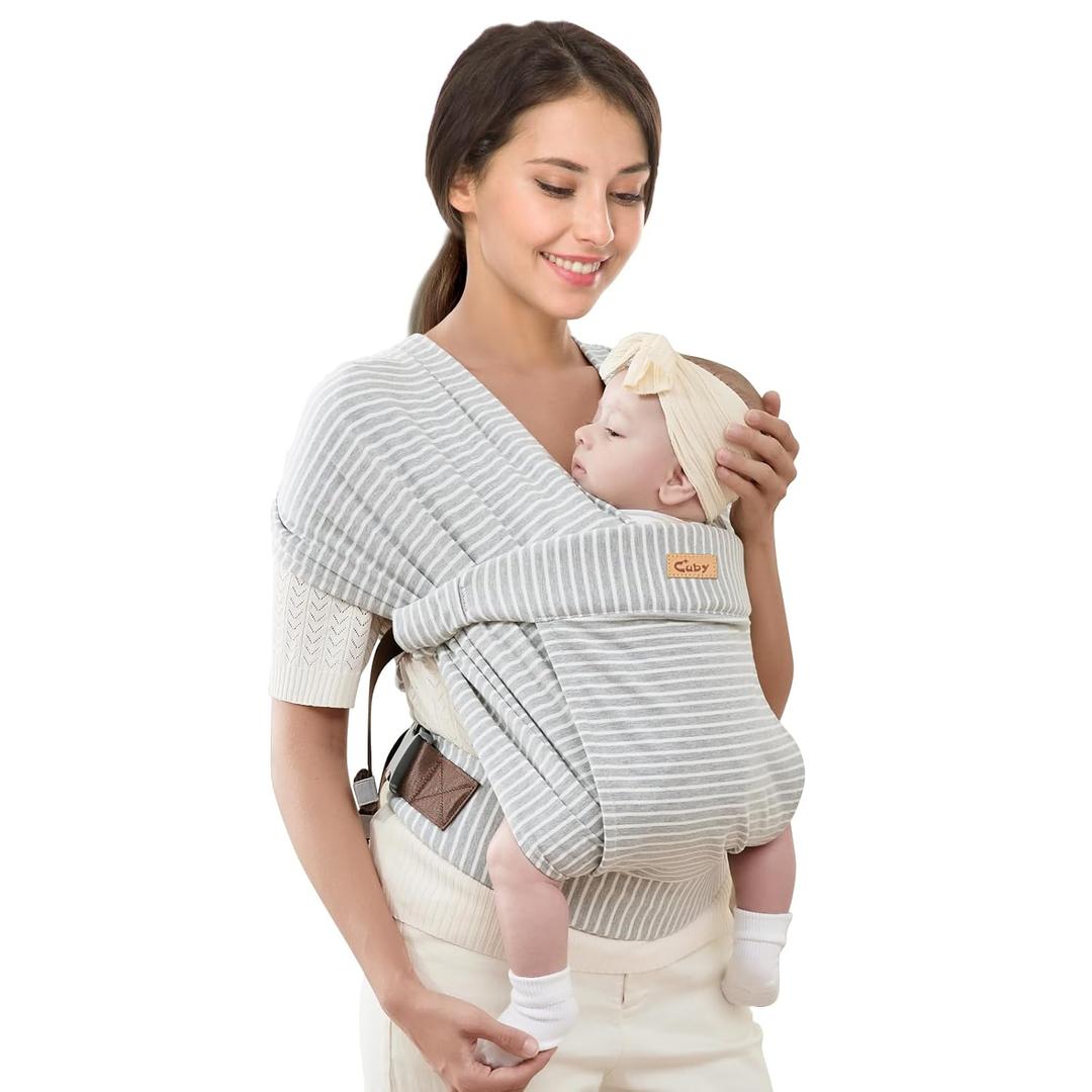 CUBY Baby Wraps Carrier, Skin-Friendly and Soft Cotton Front Newborn Carrier Wrap, One Size Fits All for Newborn Toddlers- Hands Free Baby Wearing Wrap for Travel Outdoor Gifts (Grey Stripe)