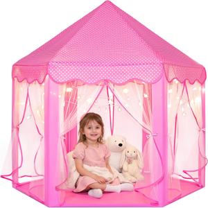 Sumbababy Princess Castle Tent for Girls Fairy Play Tents for Kids Hexagon Playhouse with Fairy Star Lights Toys for Children or Toddlers Indoor or Outdoor Games (Pink)