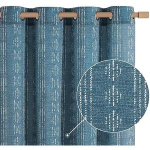 jinchan Boho Curtains Linen Blend Drapes for Living Room Farmhouse Blue 84 Inch Length for Bedroom Semi Sheer Grommet Drapes Striped Printed Mudcloth Light Filtering 2 Panels Set 50"W x 84"L (Pack of 2)