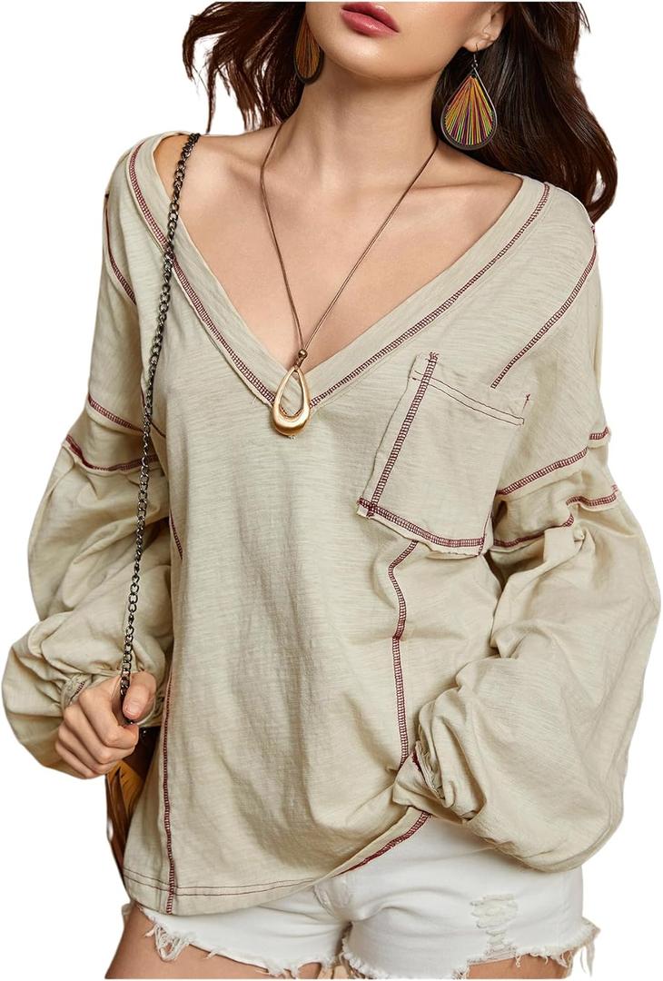 SOLY HUX Women's Long Sleeve Shirts Oversized Drop Shoulder V Neck T-Shirt Vintage Tops (Beige, S)
