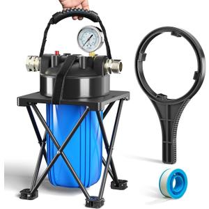6-Layer RV Water Filter with Stand and Pressure Gauge, 3/4" GHT Metal Threads Inline Water Filter, Removes Sediments, Chlorine, VOCs, Heavy Metals, Bad Taste, Odor, and More