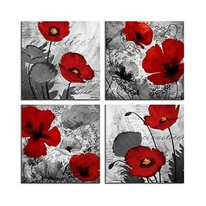 Red Flower Paintings Canvas Print Black and White Poppy Pictures Modern Artwork Ready to Hang for Wall Decor 12x12in
