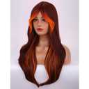 MAGQOO Brown Orange Ombre Wig with Curtain Bangs Long Wavy Brown Orange Wig for Women Synthetic Heat Resistant Daily Party Use