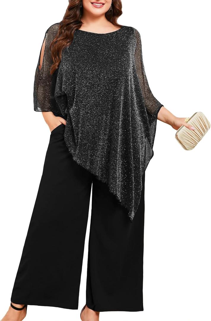 ZOMVA Plus Size Mother of The Bride Pant Suits Dressy 2 Piece Asymmetric Cape Set with Pockets Wedding Guest Outfit (XX-Large Plus, Sparkly Black)