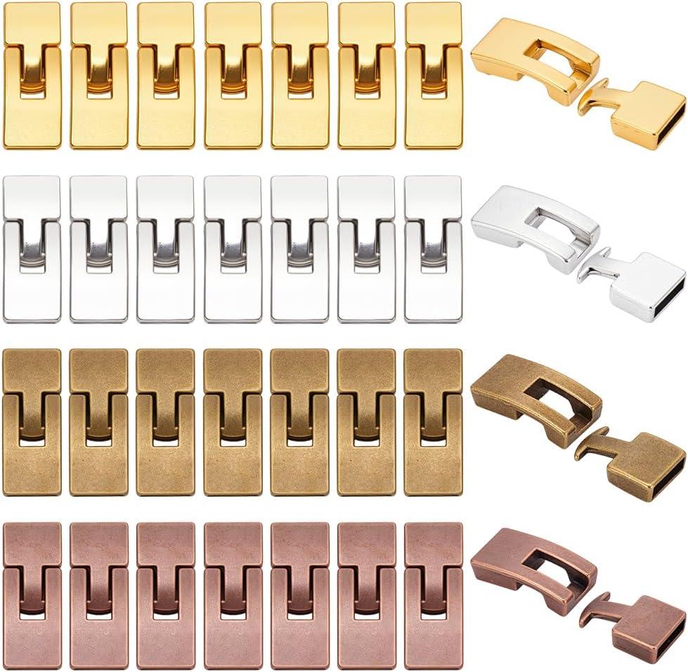PandaHall 32 Sets 10mm Leather Cord End Clasp 4 Colors Tibetan End Lock Rectangle Jewlery Clasps for Bracelet Necklaces Jewelry Making