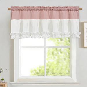 Likiyol Linen Valances for Windows Farmhouse Window Valances with Ruffle Rustic Country Light Filtering Kitchen Valance Curtains Rod Pocket Valance for Bathroom Cafe, Pink White, 52" W X 18" L