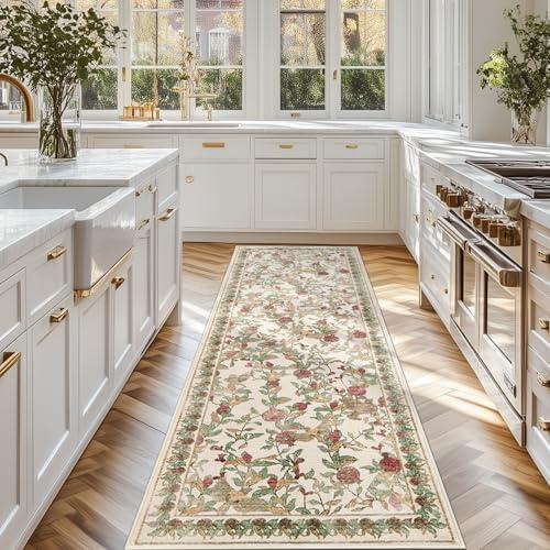 jinchan Floral Washable Runner Rug 2x6 Vintage Spring Summer Hallway Rug Non-Slip Lightweight Soft Thin Kitchen Low Pile Distressed Red Green Carpet for Bathroom Laundry Room Bedroom Entryway