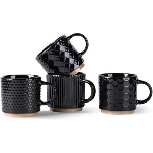 GBhome 6OZ Stackable Coffee Mugs, Ceramic Coffee Mugs with Texture Patterns for Man,Woman,Dad,Mom, Modern Coffee Cups Set of 4 for Espresso/Cappuccino/Cocoa. Dishwasher & Microwave Safe, Black