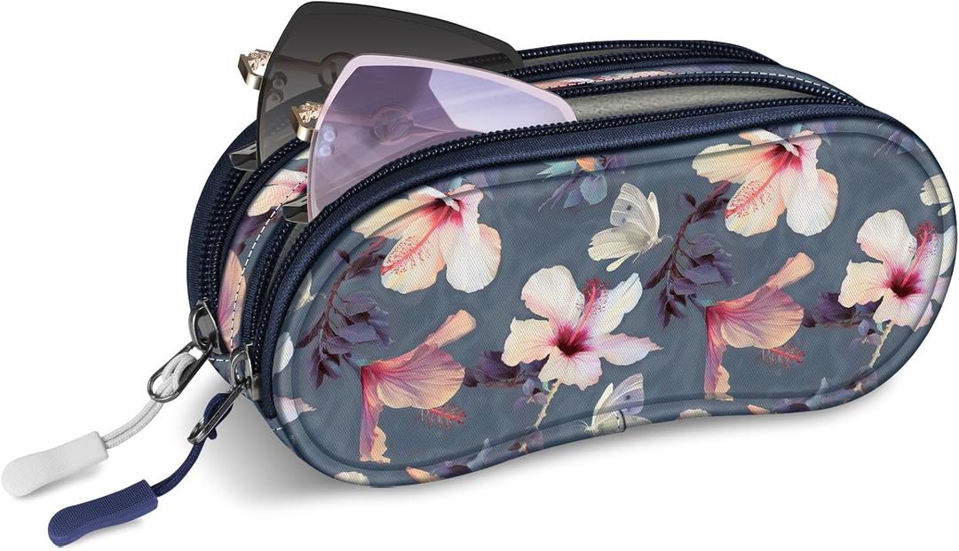 FINTIE Double Sunglasses Case, Soft Portable Eyeglasses Pouch with Carabiner Clip, Dual Zipper Compartments for Men Women (Blooming Hibiscus)