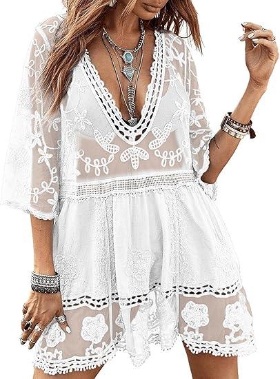 Eomenie Women's Contrast Lace Bathing Suit Cover Up V-Neck Swimsuit Coverups Loose Swimwear Beach Dress Beachwear, White, One Size