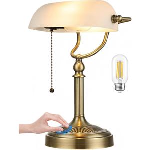 Newrays White Matted Glass Bankers Desk Lamp, Stepless Dimmable Table Lamp Plug in Fixture for Study, Home Office,Library, LED Bulb Included