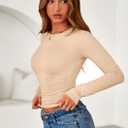 PRETTYGARDEN Womens Long Sleeve Shirts 2026 Fall Trendy Crewneck Slim Fit Asymmetrical Going Out Tops Ruched Tee Y2k Clothes (Small, Beige)