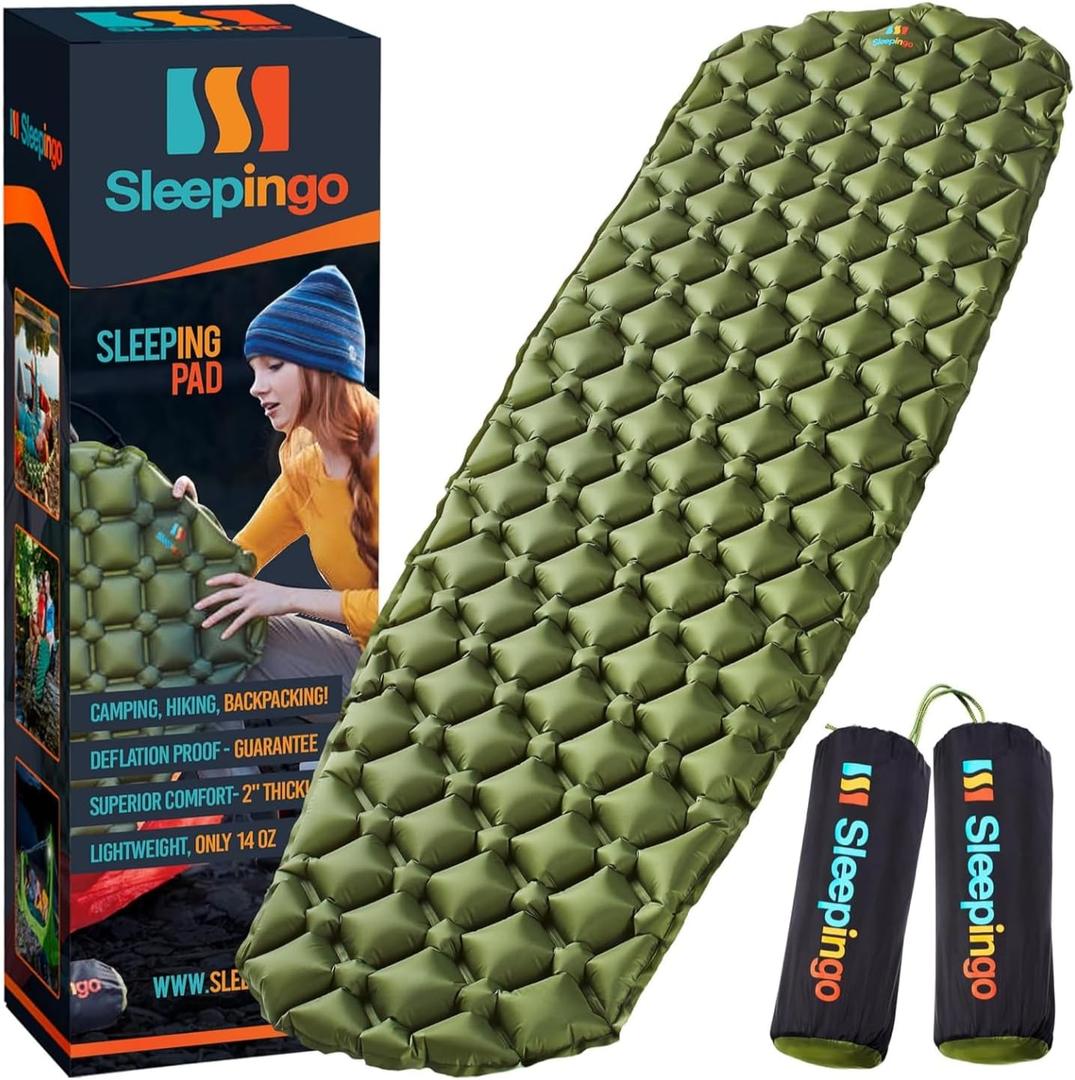 Light Weight Sleeping Mat for Camping - Ultralight Backpacking Sleeping Pad - Inflatable, Compact Sleep Pad for Hiking and Travel - Portable Backpacker Sleep Mat - 2-Pack - 73.5" x 21.5" (Green)