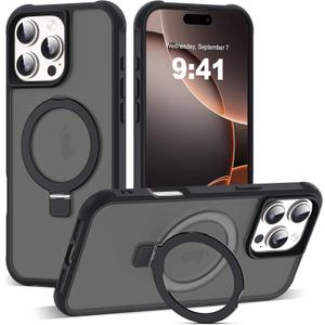Compatible with iPhone 16 Pro Max Case with Invisible Magnetic O-Ring Stand Military-Grade Translucent Case for iPhone 16 ProMax 6.9" [Compatible with Mag-Safe] [Great Grip Feeling], Black
