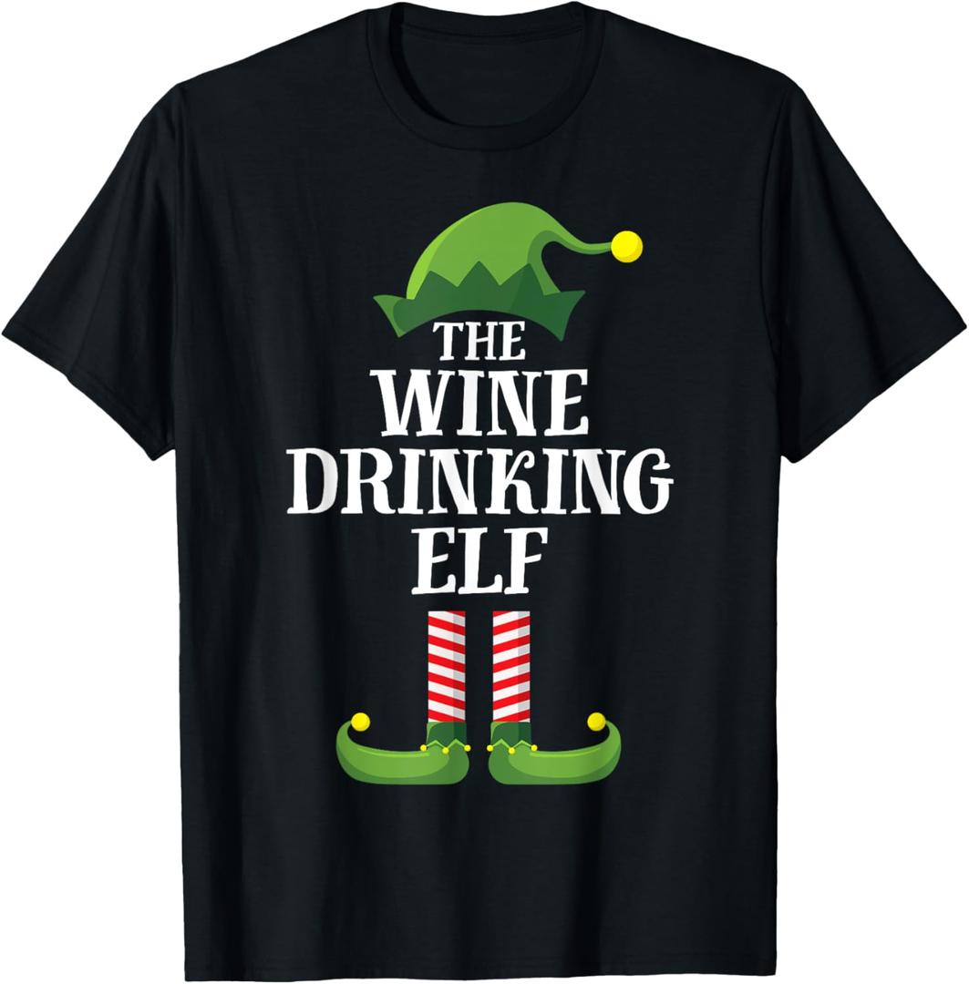 Wine Drinking Elf Matching Family Group Christmas T-Shirt, 2XL, Black